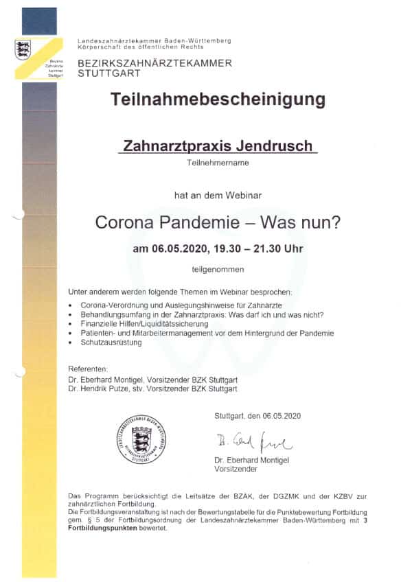 Zahnarztpraxis Jendrusch Corona-Pandemie Hygienemaßnahmen Schutzmaßnahmen